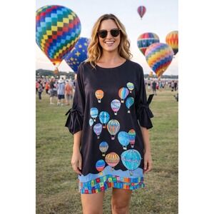 Black Hot Air Balloon Print Tie-Sleeve Dress